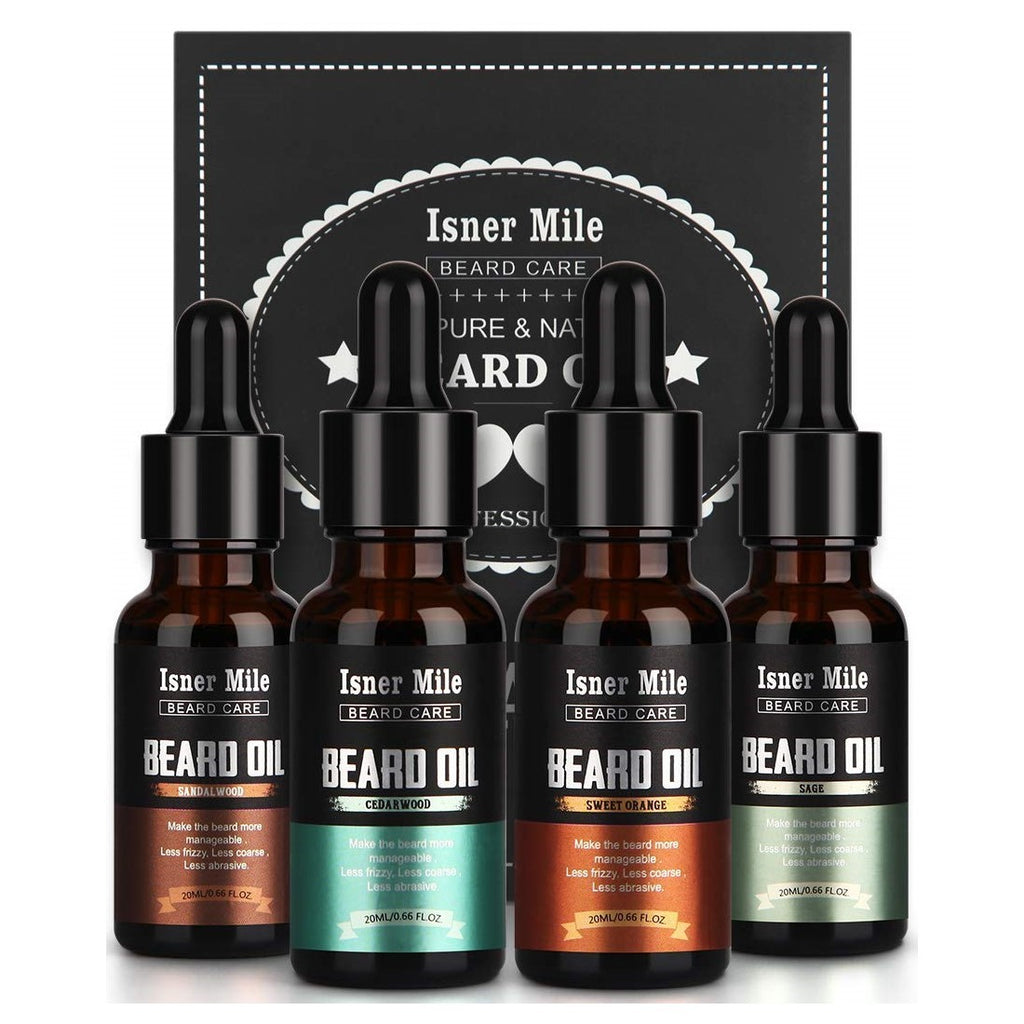 Isner Mile Beard Oil 4 Pack, Natural Unscented Beard Conditioner for Mustache Soften, Moisturize, Strengthen and Growth, Beard Care with Argan & Jojoba Oils, Stocking Stuffers Gifts for Him Dad Men