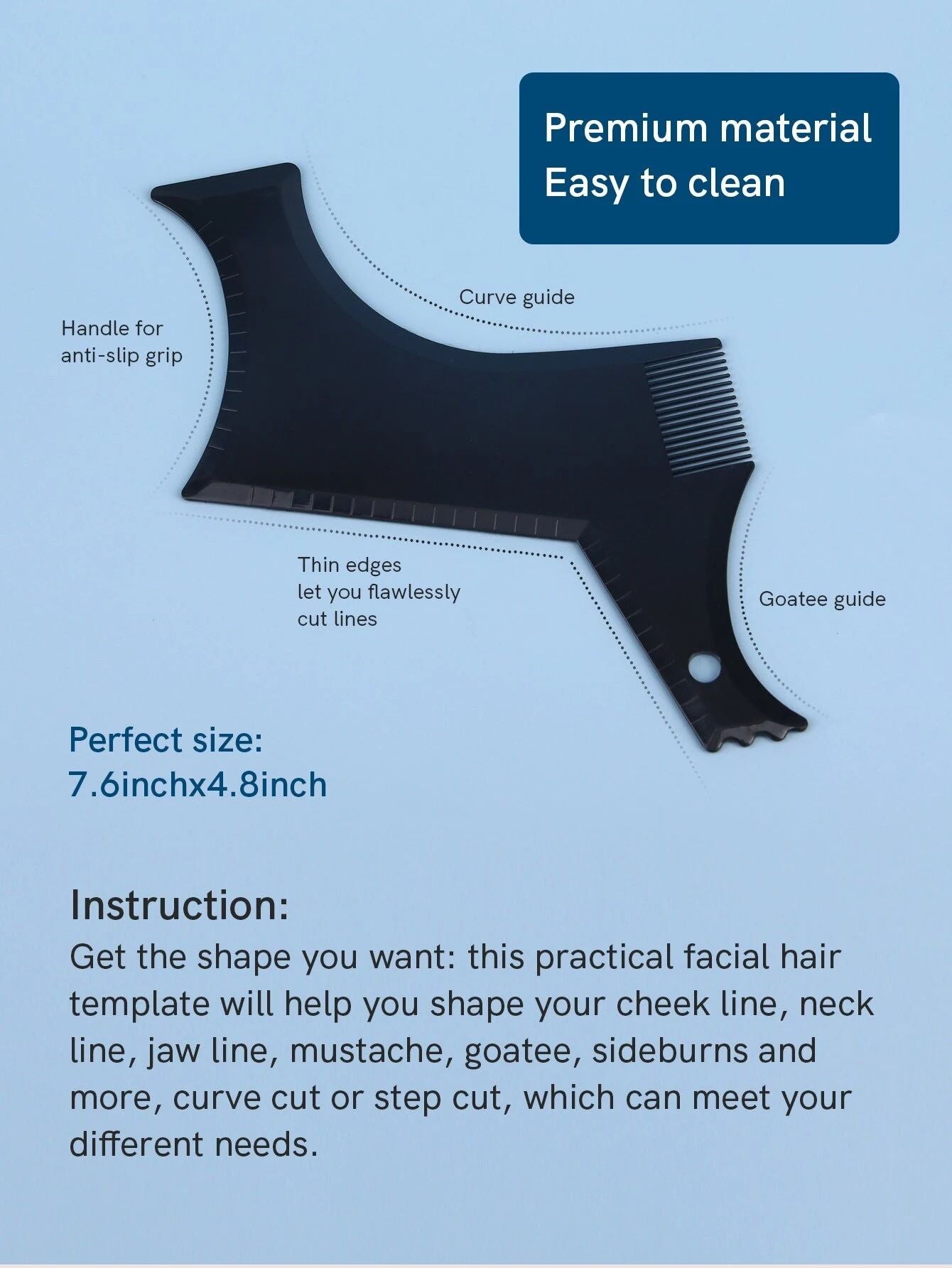 Beard styling tool, beard styling template for symmetrical curve trimming of chin, cheeks and neckline, can be used with a beard trimmer or razor